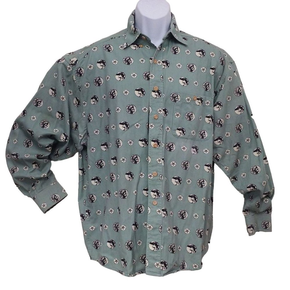 Barn Fly USA Shirt Button-front Men's-M Pocket LS Cotton Chief Cowboy Star Mint